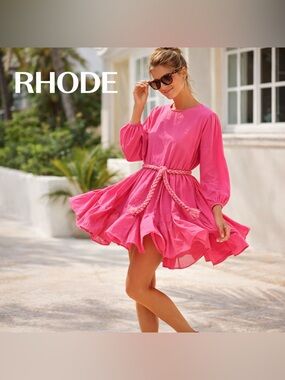 RHODE,Ella Mini Dress Prism Pink Cotton Trapeze Swing Godet Resort Vaca, Size M